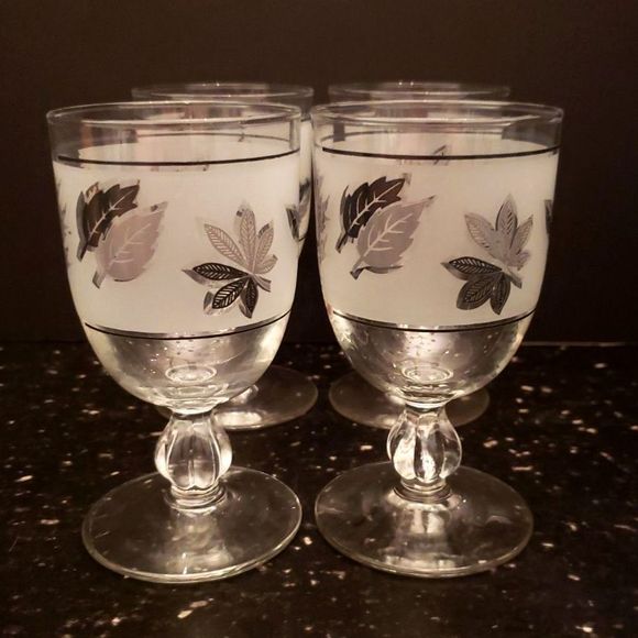 Libbey Frosted Silver Leaf Goblets Glasses Mid Century Modern Vintage Retro - Picture 3 of 9